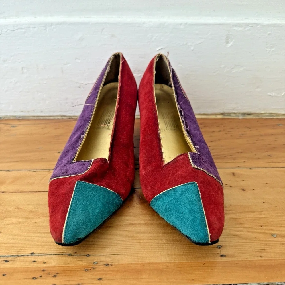 Vtg Multi-Color Retro 80s Colorblock Pumps Heels Pointed‎ Toe Size 10B Mod